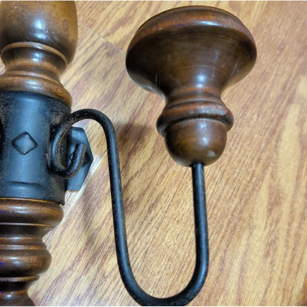 Vintage Brown Wood Black Metal Double Candle Wall Sconce Decor 17